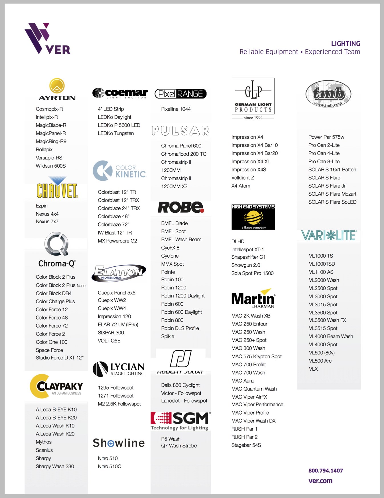 VER Lighting Fact Sheet and Product Line Card